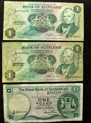 Uk Scotland 1 Pound 1976,  1981,  1984.  Sailing Ship,  Edinburgh Castle,  Circulated photo