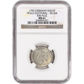 1792 Germany Pfalz Electoral Silver Ducat - Ngc Ms61 photo