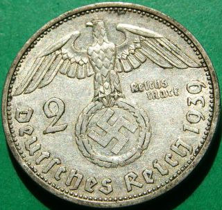 Third Reich Silver Coin 2 Reichsmark 1939 A.  625 Silver photo