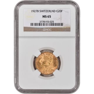 1927 - B Switzerland Gold 20 Francs - Ngc Ms65 photo