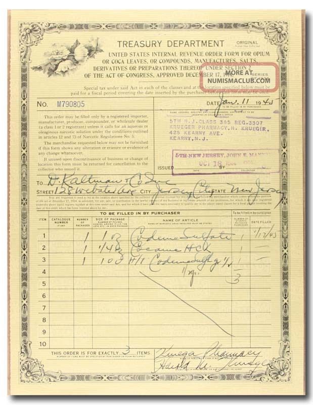 S336 Treasury Department Irs Opium & Coca Leaves Order Form 1940s Stocks & Bonds, Scripophily photo