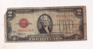 Circulated $2.  00 Us Note W/red Seal Series 1928d photo