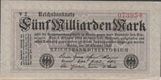 Germany 5 Milliarden Mark 20.  10.  1923 Series V 2 Uncirculated Banknote photo