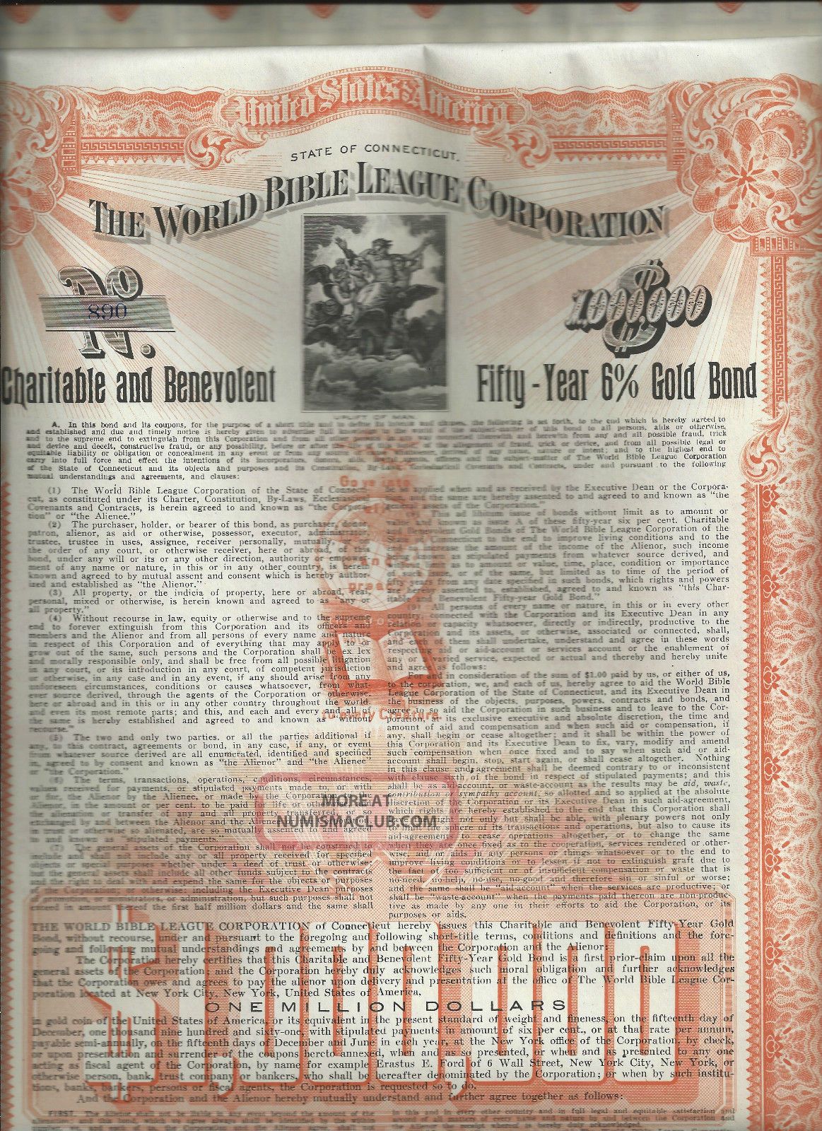 $1,  000,  000 World Bible League 50 Yr Gold Bond Certificate Uncancelled 1911 Stock Stocks & Bonds, Scripophily photo