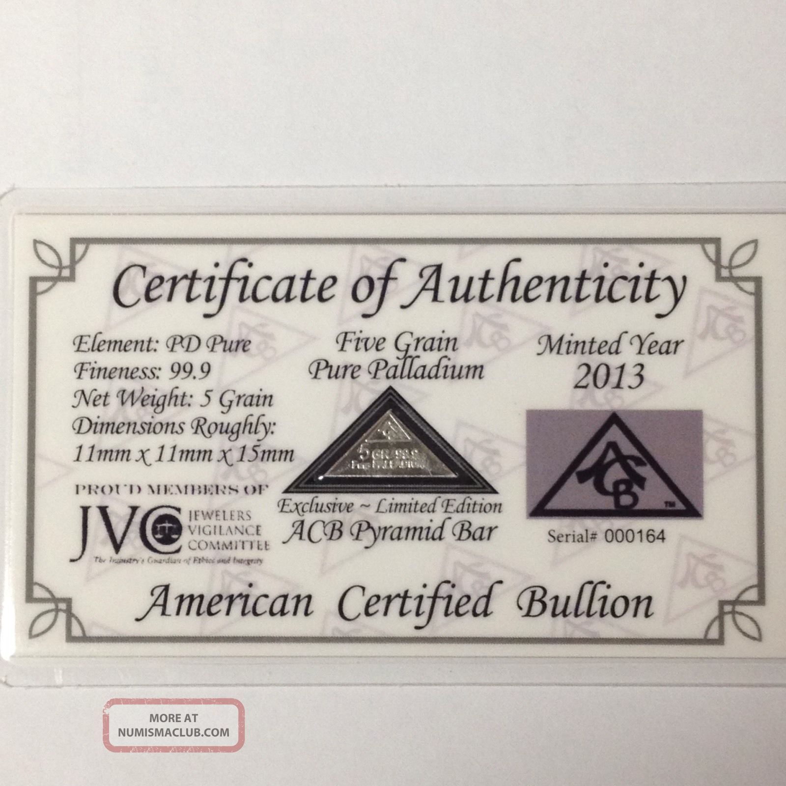 2013 Acb Palladium Pyramid 99.  9 Pure 5 Grains Certificate Bullion photo