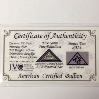 2013 Acb Palladium Pyramid 99.  9 Pure 5 Grains Certificate photo