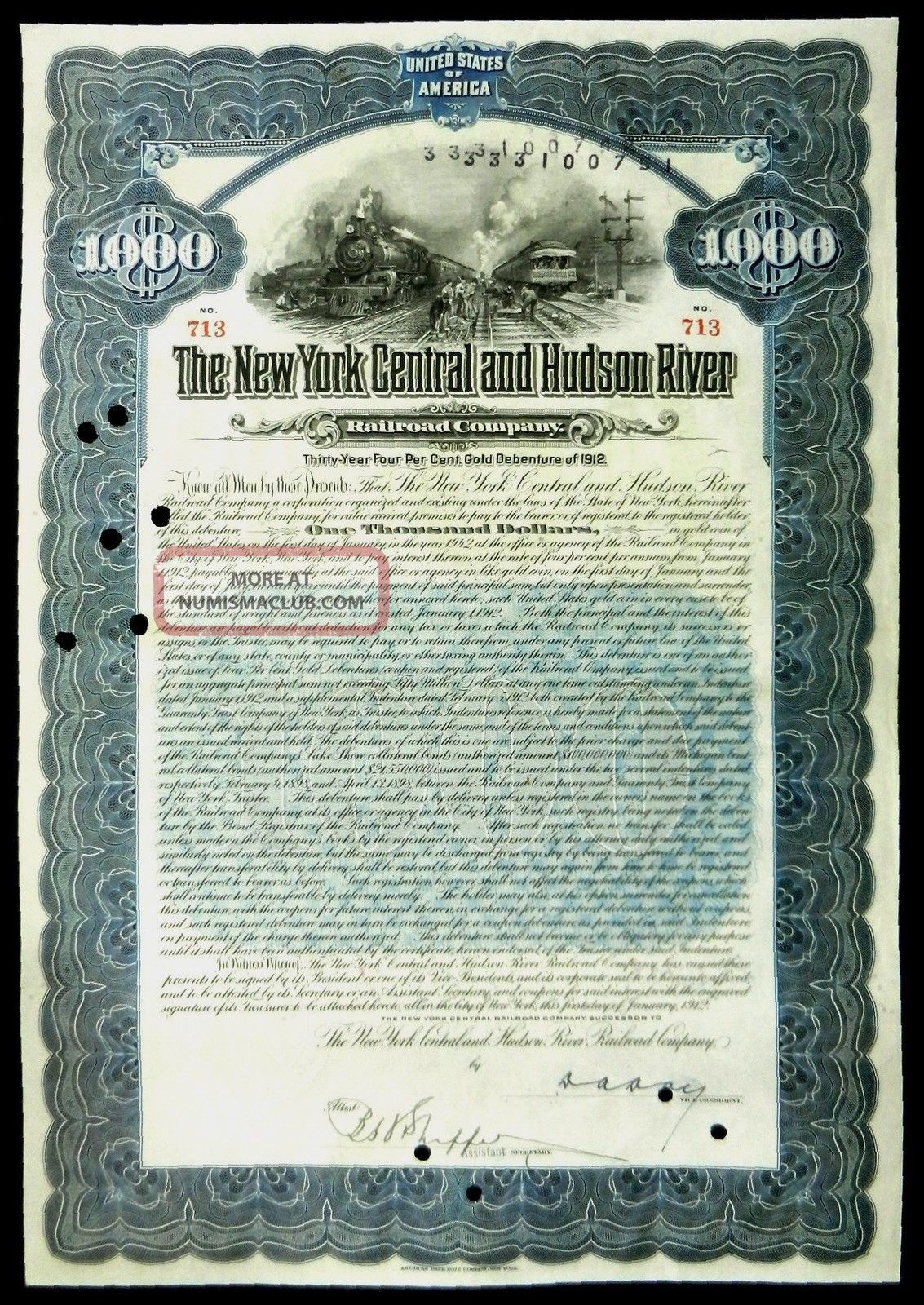 Stock Certificate York Central & Hudson River Rr 4 Gold Debenture 1912 Bond Transportation photo