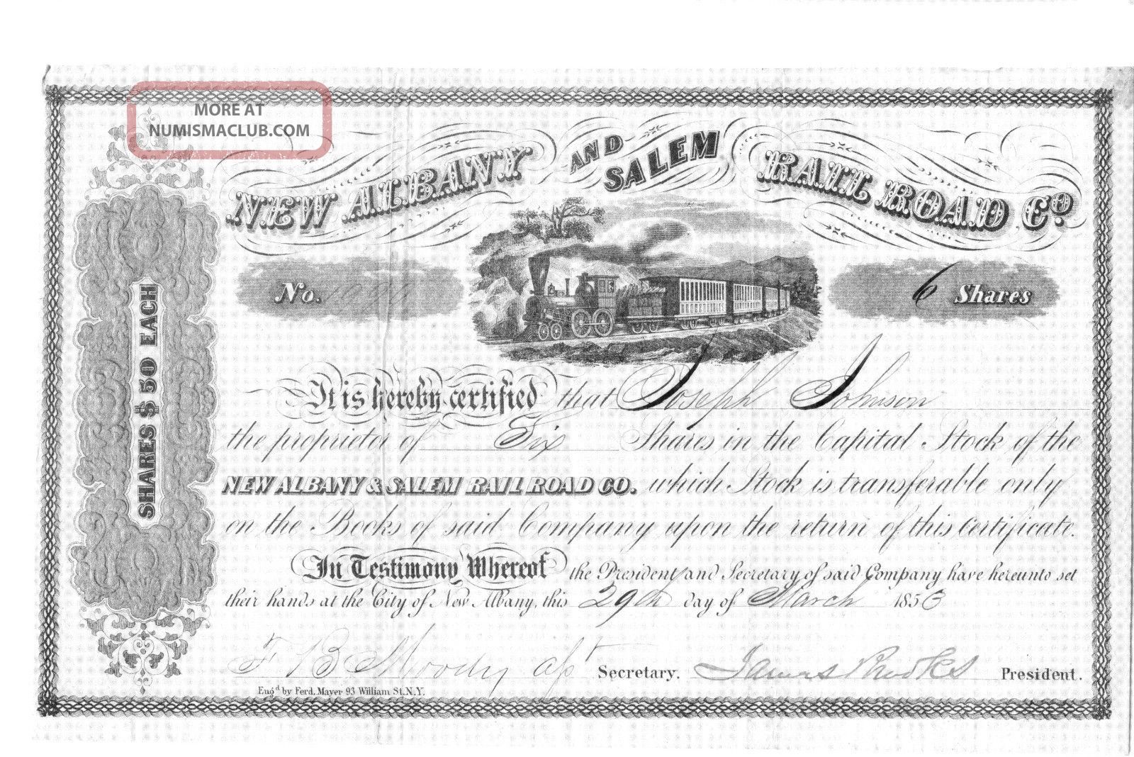 Early Albany And Salem Railroad Co 6 Shares Indiana Stock Certificate 1853 Transportation photo