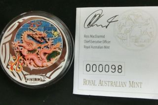 Australia 2012 Year Of Dragon - Coloured Silver 1 Oz $1 Proof W/coa photo