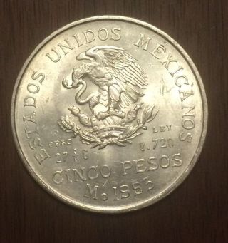 1953 Mexico 5 Cinco Pesos Ano De Hidalgo.  720 Silver 27.  5 Grams Coin photo