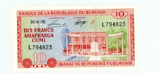 Burundi.  P - 20b … 10 Francs … 1970 … Unc photo