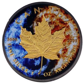 2015 1 Oz Ounce Silver Maple Leaf Coin.  999 Ruthenium Gold Gilded Colorized photo