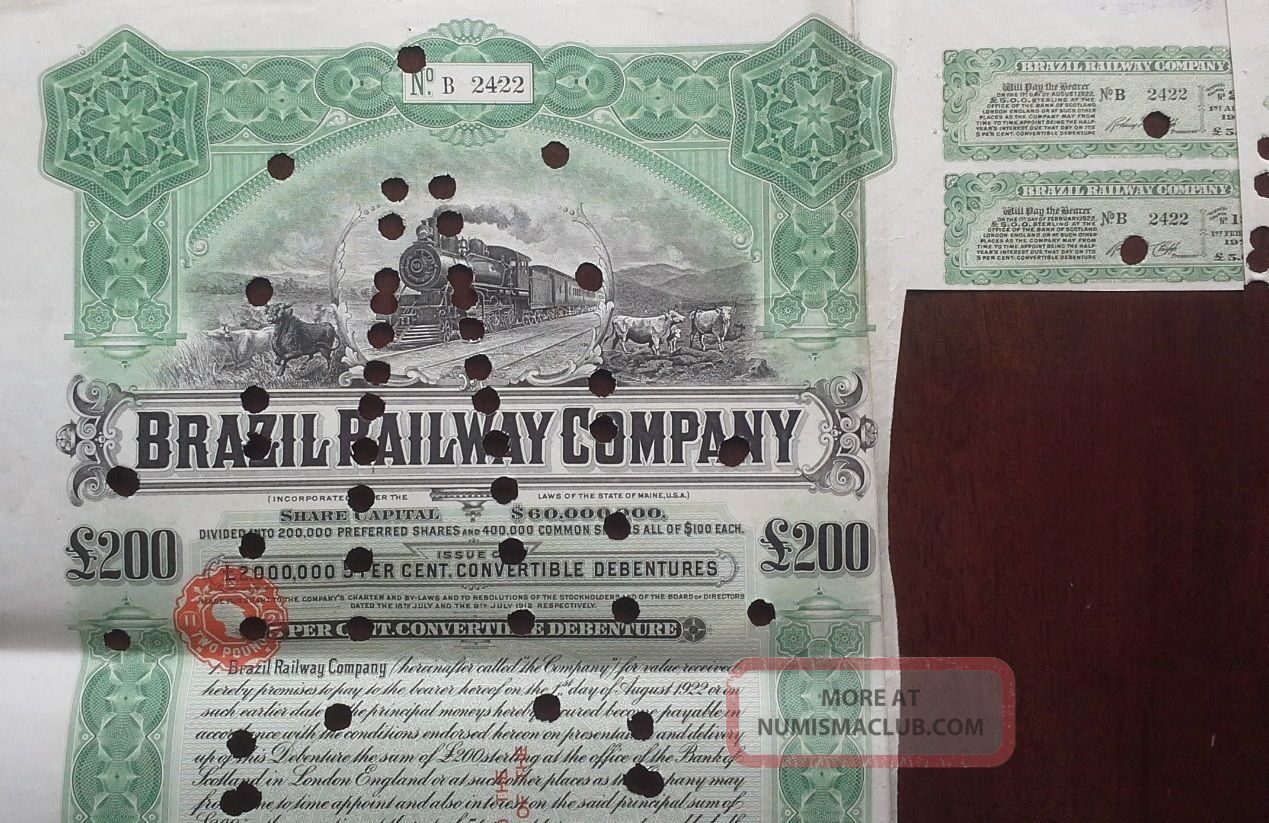 Brazil Brazilian 1912 Railway Company 200 Pounds Bond Loan World photo