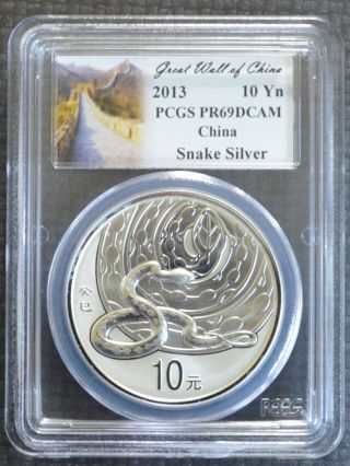 2013 China Silver Lunar Year Snake 1 Oz Coin Pcgs Pr69 Dcam Milky Spots photo