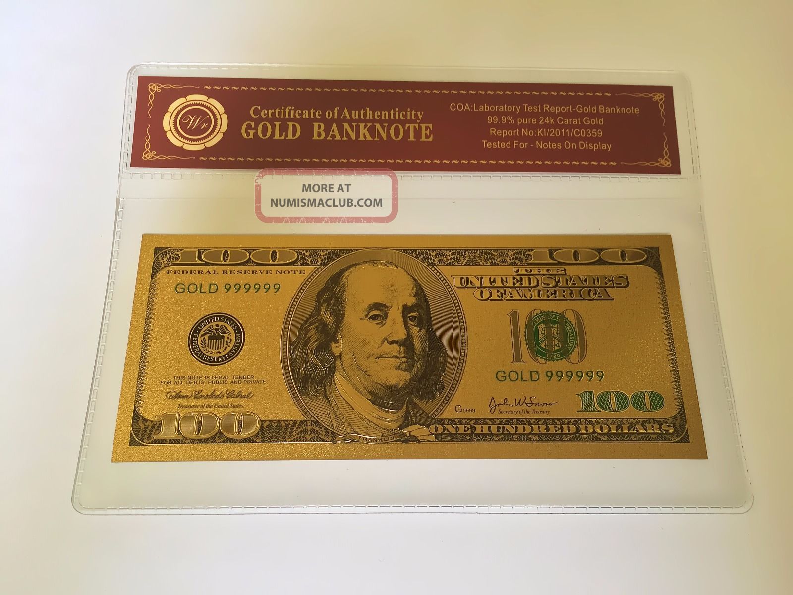 Usa 100 Dollar Gold Banknote Made From Pure 24k Gold Leaf