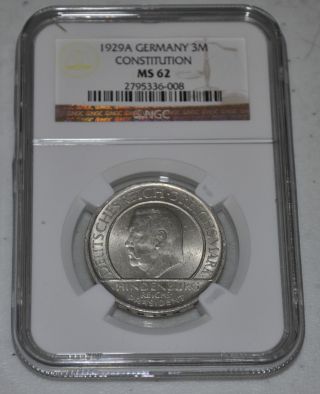 Germany,  Weimar Republic 3 Reichsmark,  1929a,  Weimar Constitution - Ngc Ms62 photo