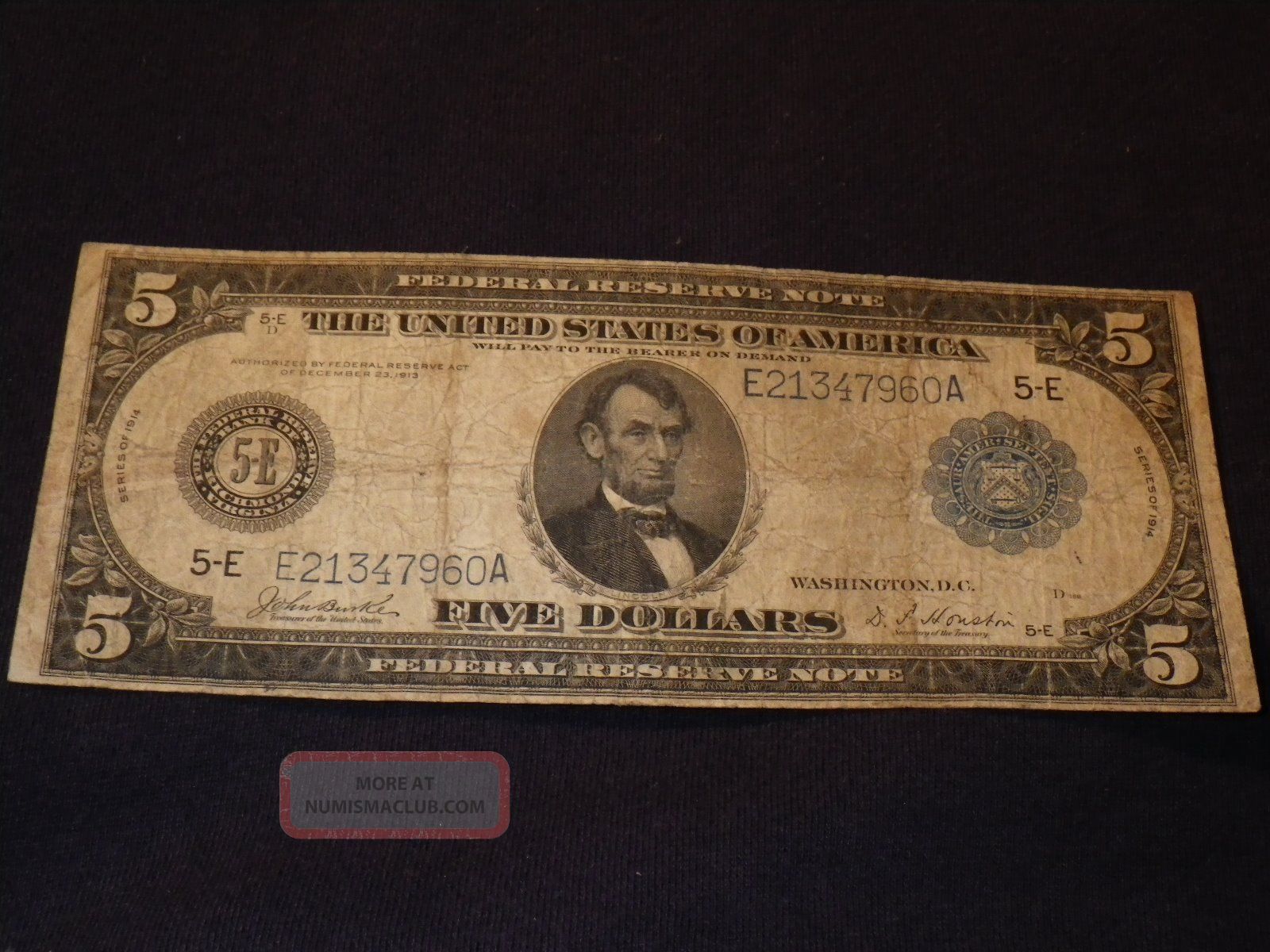 1914 Five Dollar Federal Reserve Note $5 Blue Seal Large Currency Richmond Large Size Notes photo