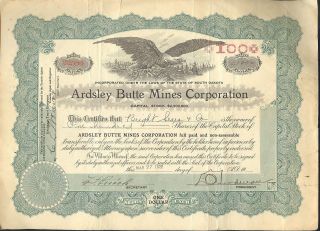 Ardsley Butte Mines Corporation 1928 Stock Certificate For 100 Shares photo