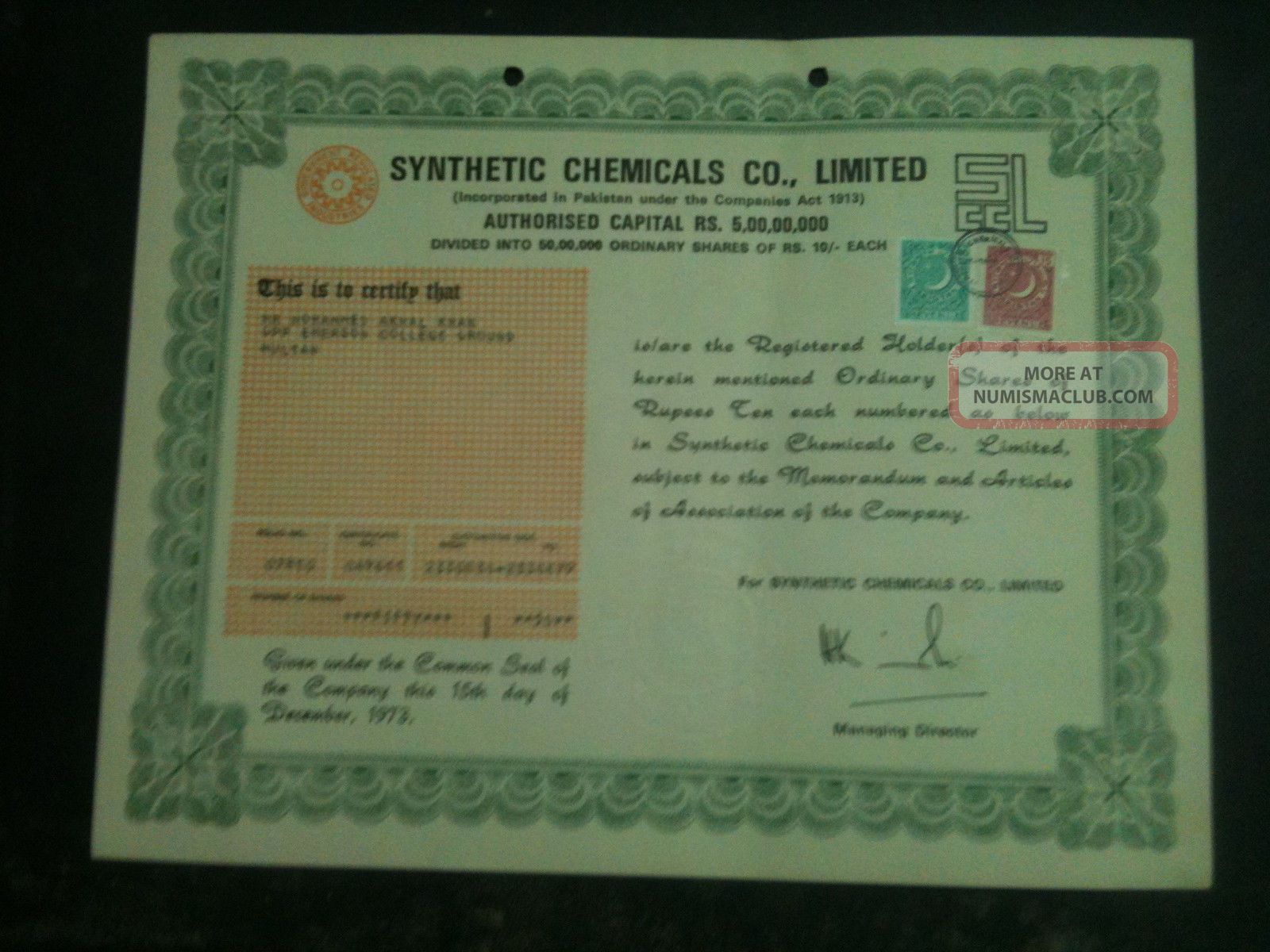 1973 Synthetic Chemicals Co,  Limited 50 Shares Of Rs,  10 Each Stocks & Bonds, Scripophily photo