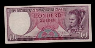 Suriname 100 Gulden 1963 Vd Pick 123 F - Vf Banknote. photo