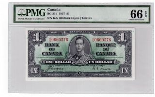 Canada 1 Dollar Bc - 21d 1937 Pmg Gem Unc 66 Epq Uncirculated Banknote photo
