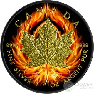 Burning Maple Leaf Fire Black Ruthenium Gold 1 Oz Silver Coin 5$ Canada 2015 photo