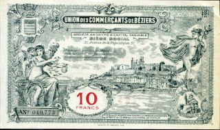 Union Des Commercants De Beziers 10 Francs Without Date Ef - Aunc photo