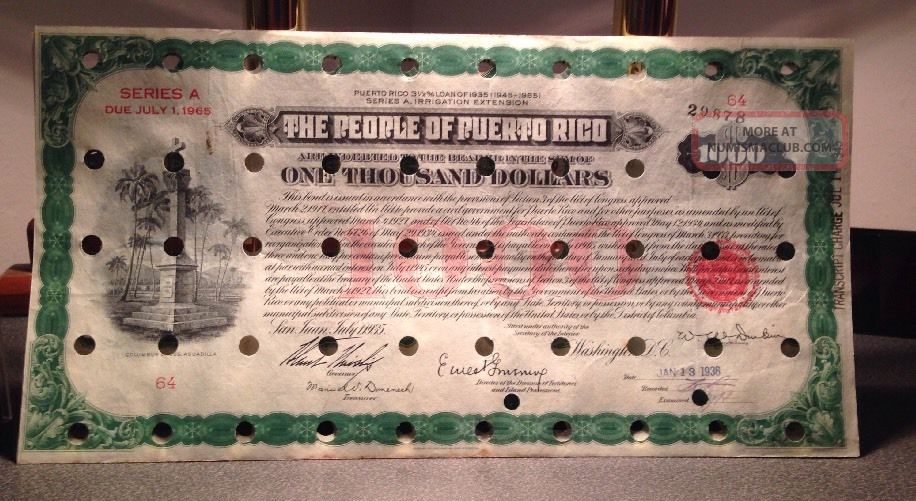 Territory Of Puerto Rico $1000 Series A 1935 Irrigation Extension Loan Cancelled Stocks & Bonds, Scripophily photo