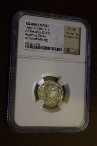 Roman Empire Coin - Geta - Ad 209 - 211 - Ar Denarius Ngc Slabbed Ch Vf photo