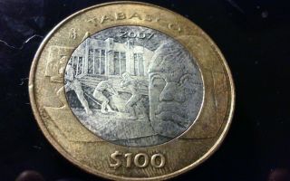 2007 Bimetallic 100 Pesos Silver Center Coin Tabasco photo