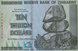 Zimbabwe 10 Trillion Dollar Bill 2008 High Inflation Banknote Uncirculated photo