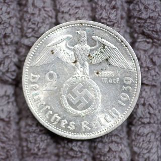 Ww2 German 2 Mark Silver Coin 1939 A Third Reich Big Swastika Hindenburg Unc Sk photo