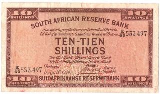 South Africa 10 Shillings 1944 Postmus P.  82d Rare $175 In Vg - Tt7540 photo