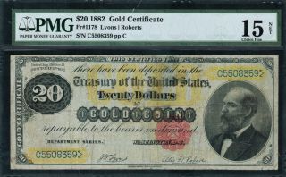 1882 $20 Gold Certificate Fr - 1178 - Graded Pmg 15 Net - Choice Fine photo