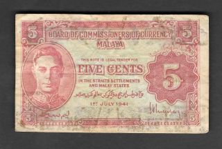5 Cent 1941 Malaya King George Circulated Banknote Malaysia Straits Settlement photo