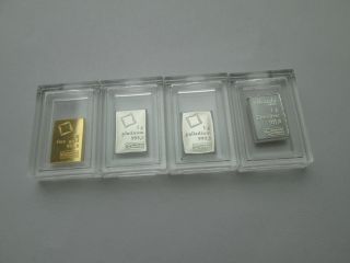 1 Gram Bar Gold.  9999,  Silver.  999,  Platinum.  9995,  Palladium.  9995 Valcambi Suisse photo