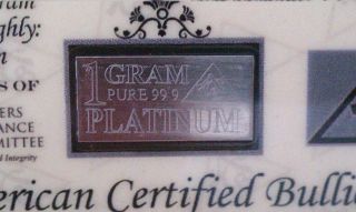 Acb Platinum 1 Gram Bullion Minted Bar 99.  9 Pure Pt With Certificate,  Silk Bag photo