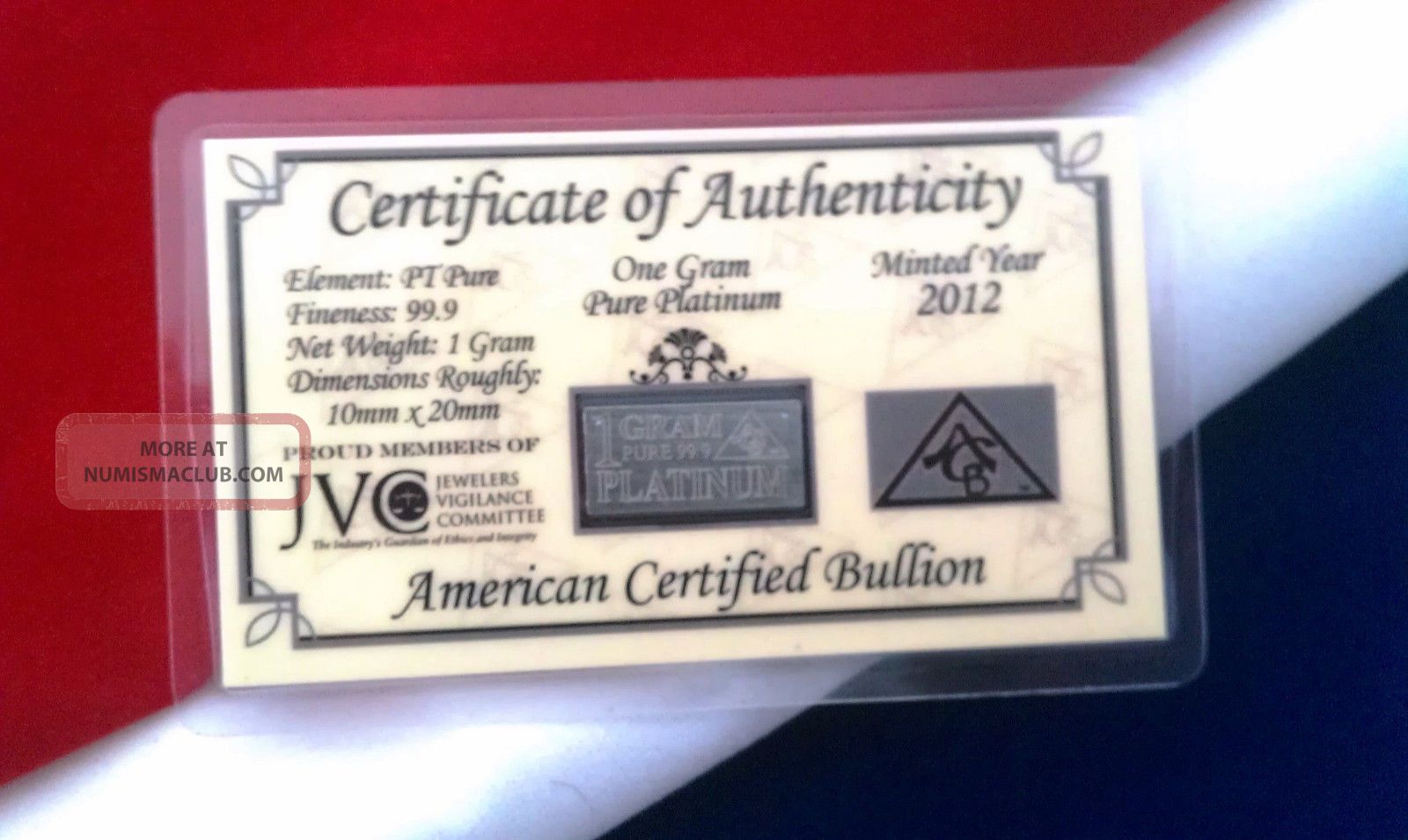 ACB PLATINUM 1 GRAM PURE PT BULLION MINTED BAR 99.9 FINE with CERTIFICATE