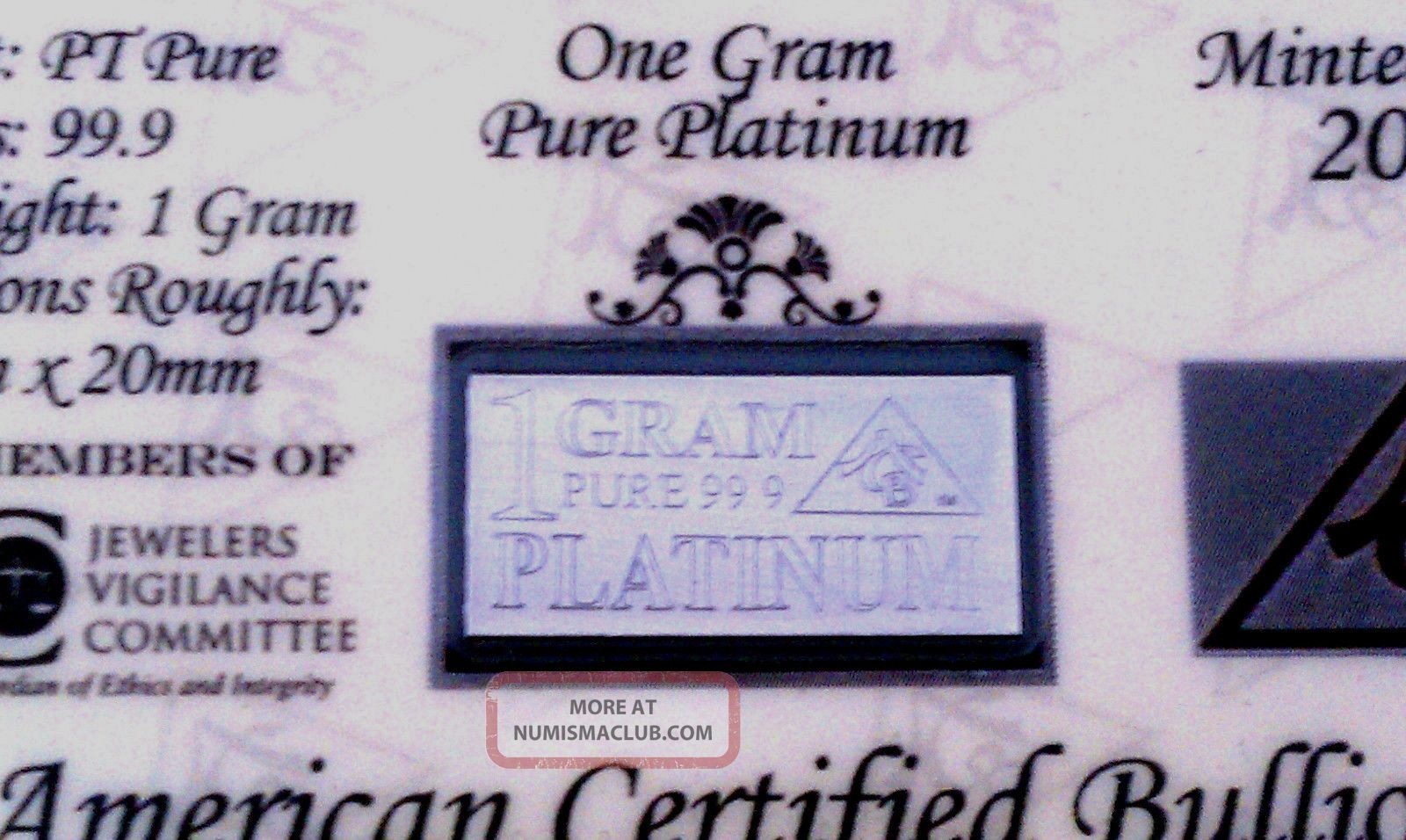 ACB PLATINUM 1 GRAM PURE PT BULLION MINTED BAR 99.9 FINE with CERTIFICATE