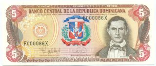 Dominican Rep.  Note 5 Pesos Oro 1996 Low Number 000086 P 152 Unc photo