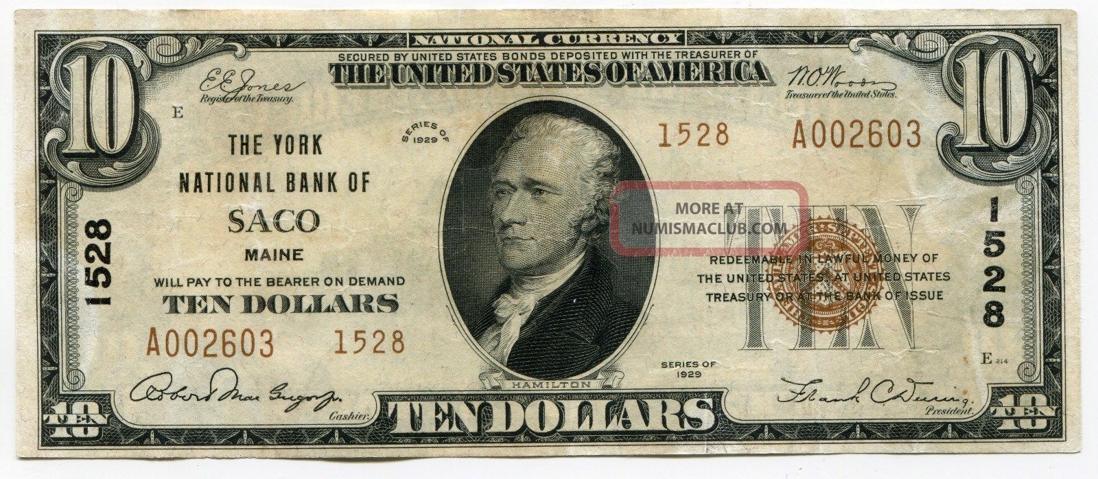 1929 $10 Saco Maine York National Bank Bill Note 1528 Low Serial Number Paper Money: US photo