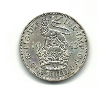 Great Britain Uk 1942 One Shilling Silver Unc Coin Km 853 photo