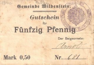Germany: Wildenstein Linen Notgeld 50 Pfennig Keller: 431a Very Fine photo