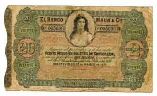 Uruguay 20 Pesos 1871 P S - 292 Fine Nr 13.  25 photo