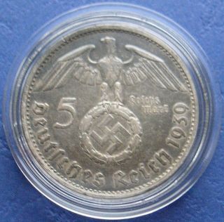 Nazi Coin 5 Mark 1939 B Km 94 Silver 90 Ww2 Swastika 3rd Reich Hindenburg Rare photo