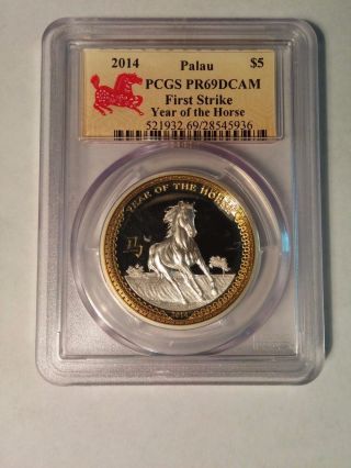 2014 Palau $5 Gilt Horse 1 Oz Silver Proof High Relief Gilded Coin Pcgs Pr69 Fs photo