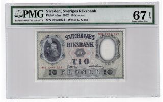 Sweden 10 Kronor Pick 40m 1952 Pmg Gem Unc 67 Epq Uncirculated Banknote photo