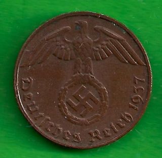 Nazi Germany 1 Reichspfennig 1937 - D Munich W/ Swastika On Obverse photo