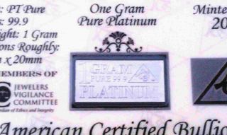 Acb Pt 9.  99 1 Gram Solid Platinum Bullion Bar Certificate Of Authenticity photo
