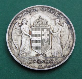 Hungary 1939 - 5 Pengo - Silver Coin - Miklos Horthy De Nagybanya photo